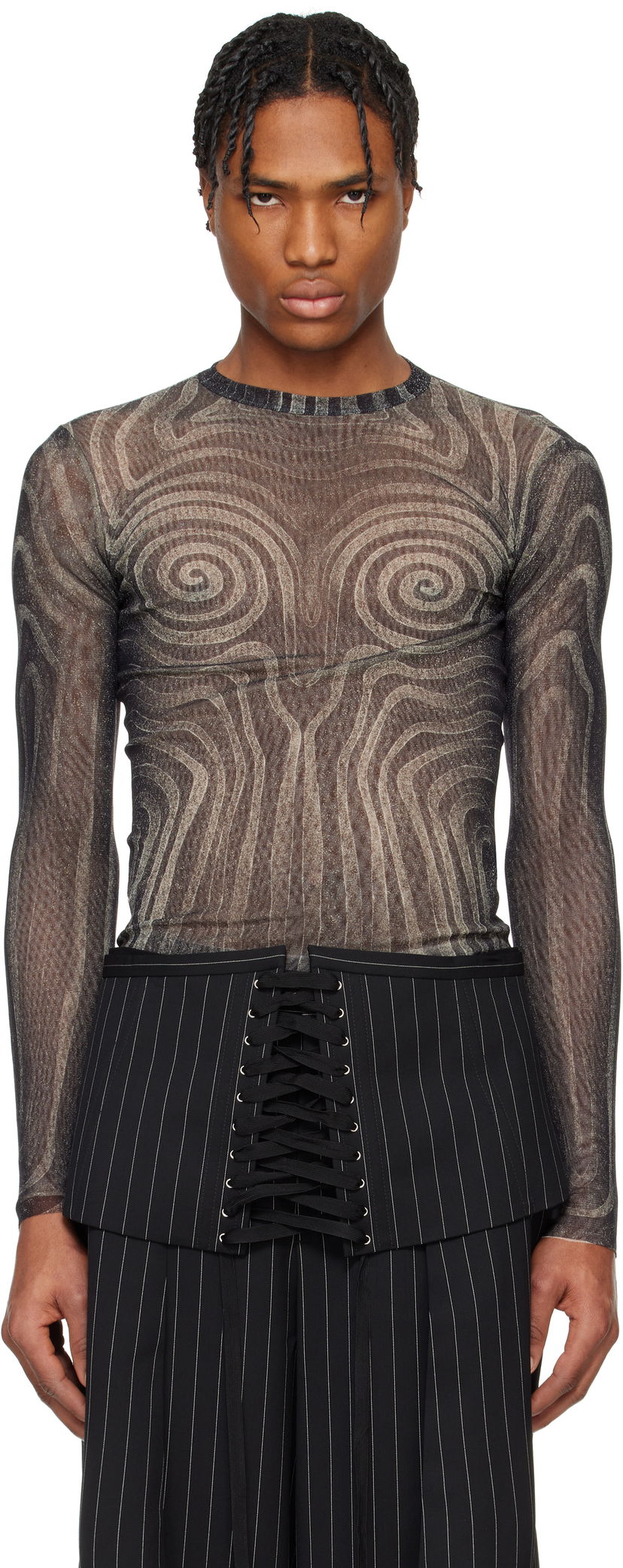 Pleteni pulover Jean Paul Gaultier Jean Paul Gaultier 'The Spirale' Sheer Long Sleeve T-Shirt Črna | 25/34-F-TO270-T587-000203