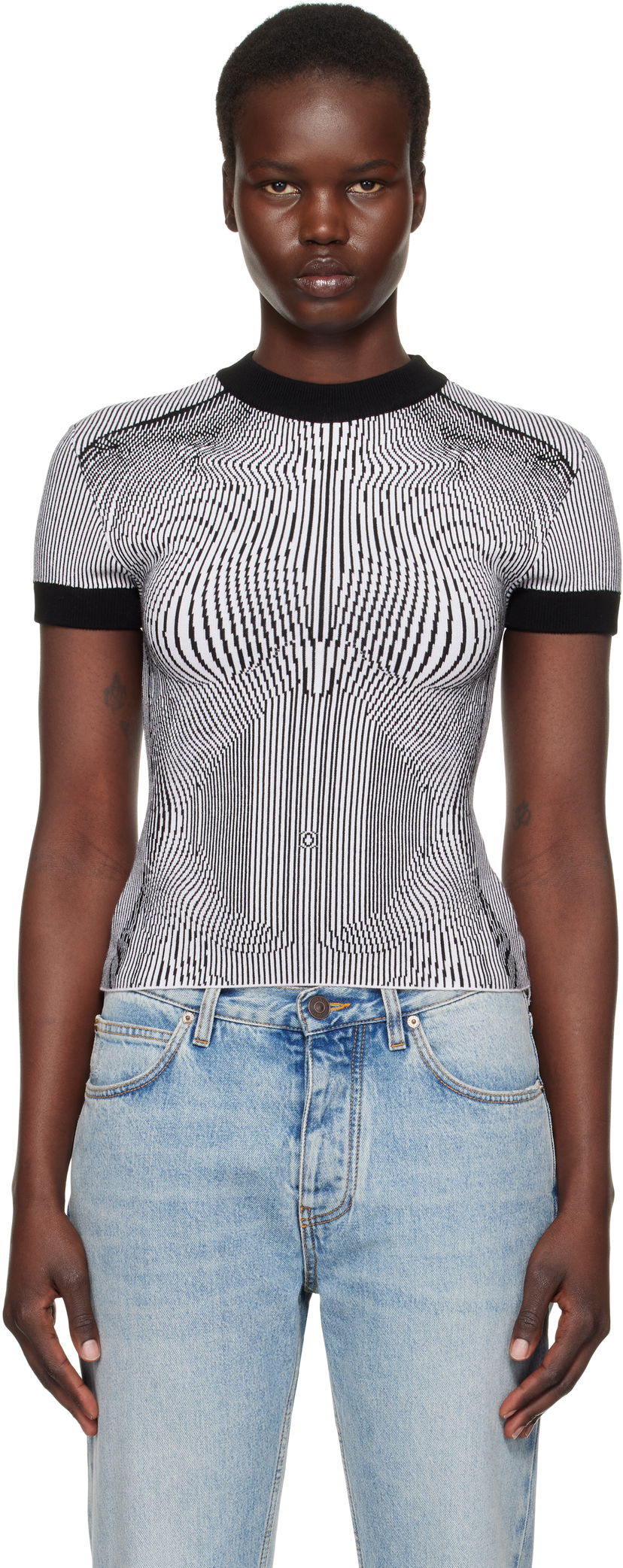 Pleteni pulover Jean Paul Gaultier Jean Paul Gaultier Morphing Pinstripes Jacquard T-Shirt Črna | 25/33-F-TS110-M084-0100