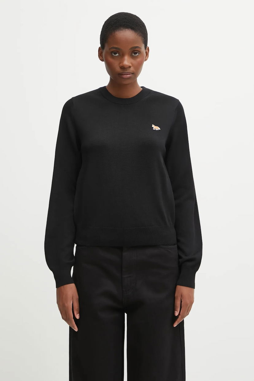 Pleteni pulover MAISON KITSUNÉ Baby Fox Merino Regular Sweater Črna | PW00801KT1181