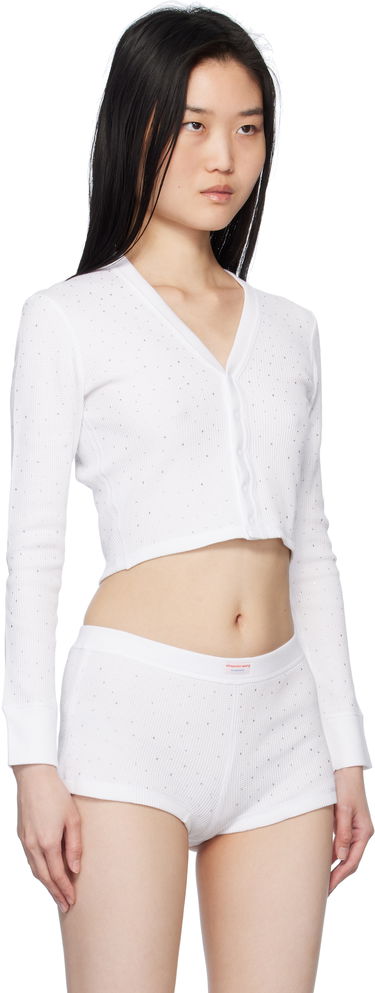 Pleteni pulover Alexander Wang White Crystal Hotfix Long-Sleeve Waffle Cardigan Bela | 8C4245810T, 1
