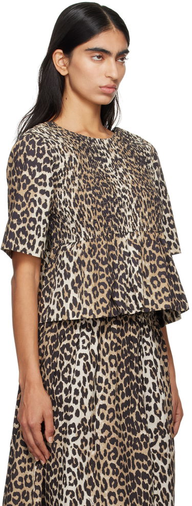 Majica GANNI GANNI Smocked Leopard Print Blouse Bež | W0205, 1