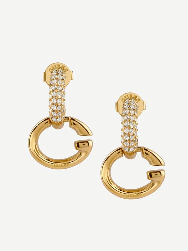 Uhani GUESS Gold Tone Pave G Logo Hoop Earrings Kovinski | JUBE04521JW