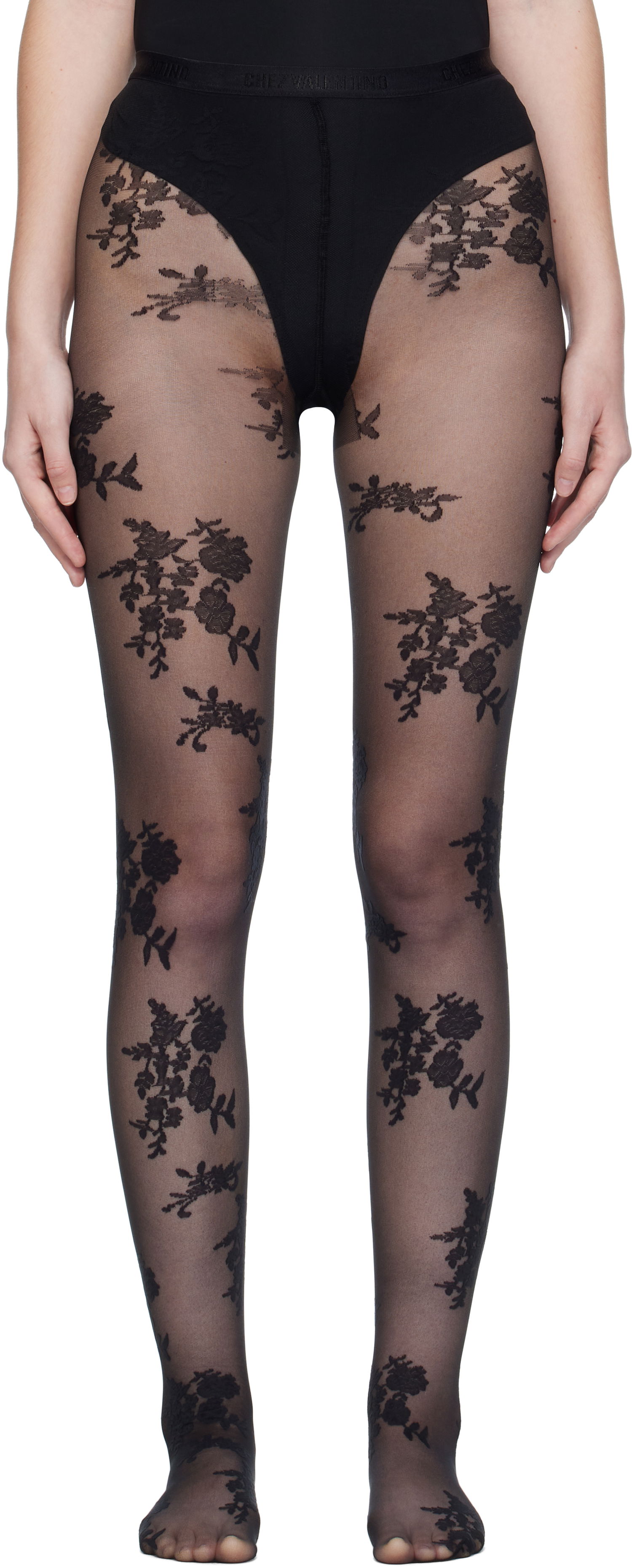 Nogavice Valentino Valentino 'Chez Valentino' Floral Tights Črna | 7B3KI04Y9LV, 0