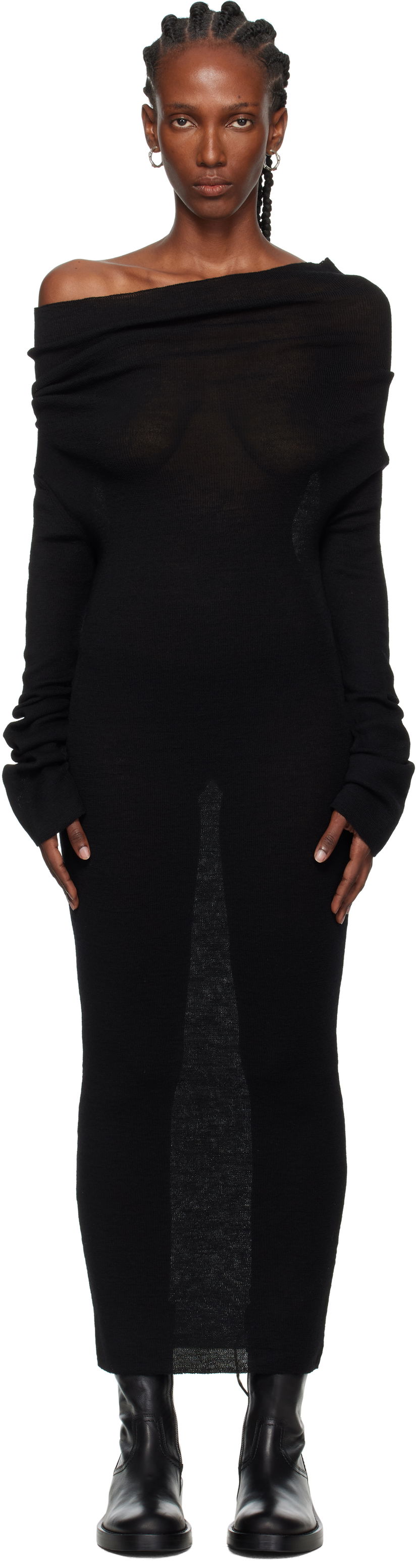 Obleke Ann Demeulemeester Ann Demeulemeester Barbro Dropped Shoulder Knitted Midi Dress Črna | 2520-W-KN28-FA059-099