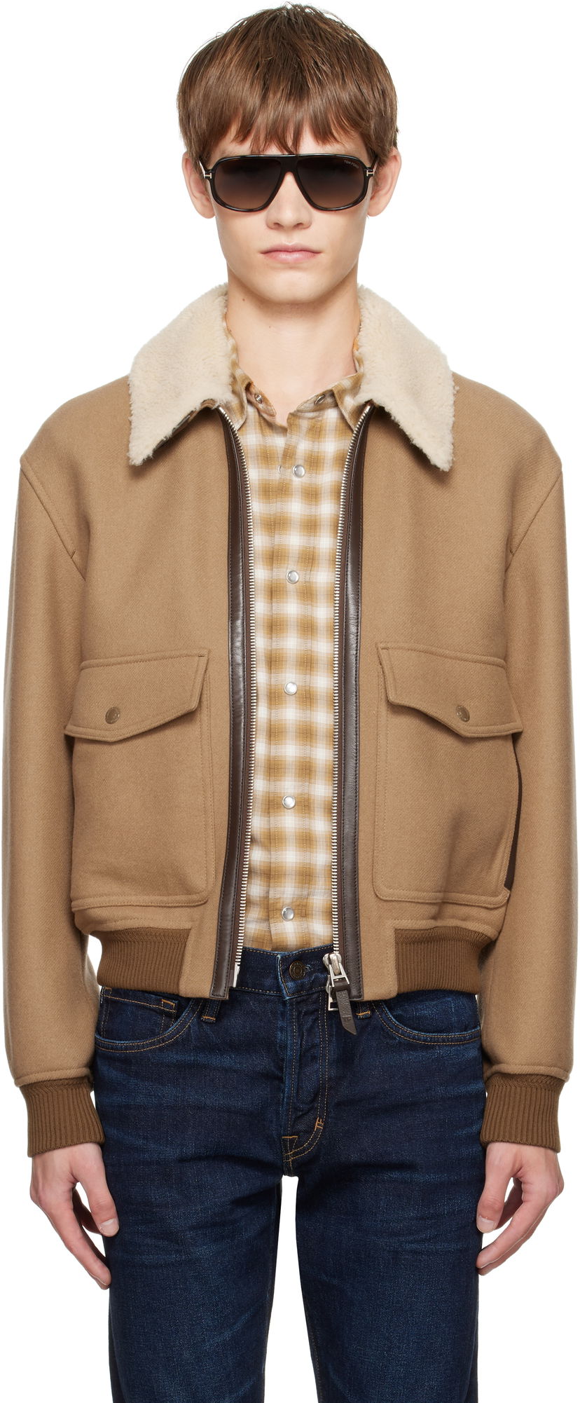 Bomber jakna Tom Ford TOM FORD Double Splittable Shearling Collar Bomber Jacket Rjava | OBH002-FMW058
