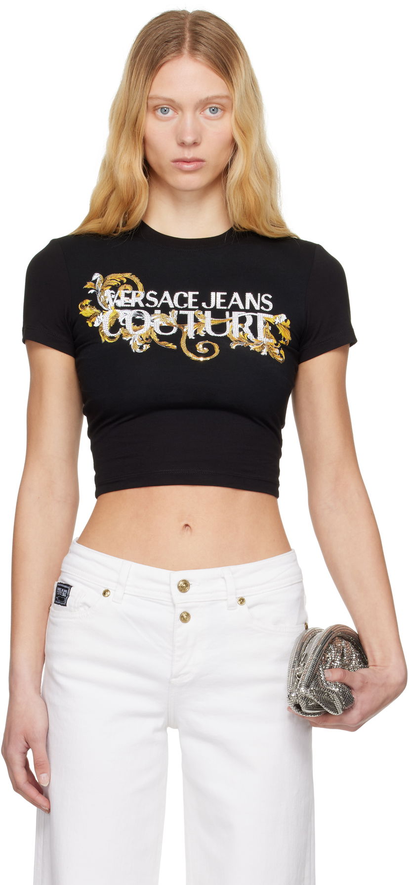 Krop-top Versace Versace Jeans Couture Crystal Outline Barocco Cropped T-Shirt Črna | E78HAHC05_ECJ02C