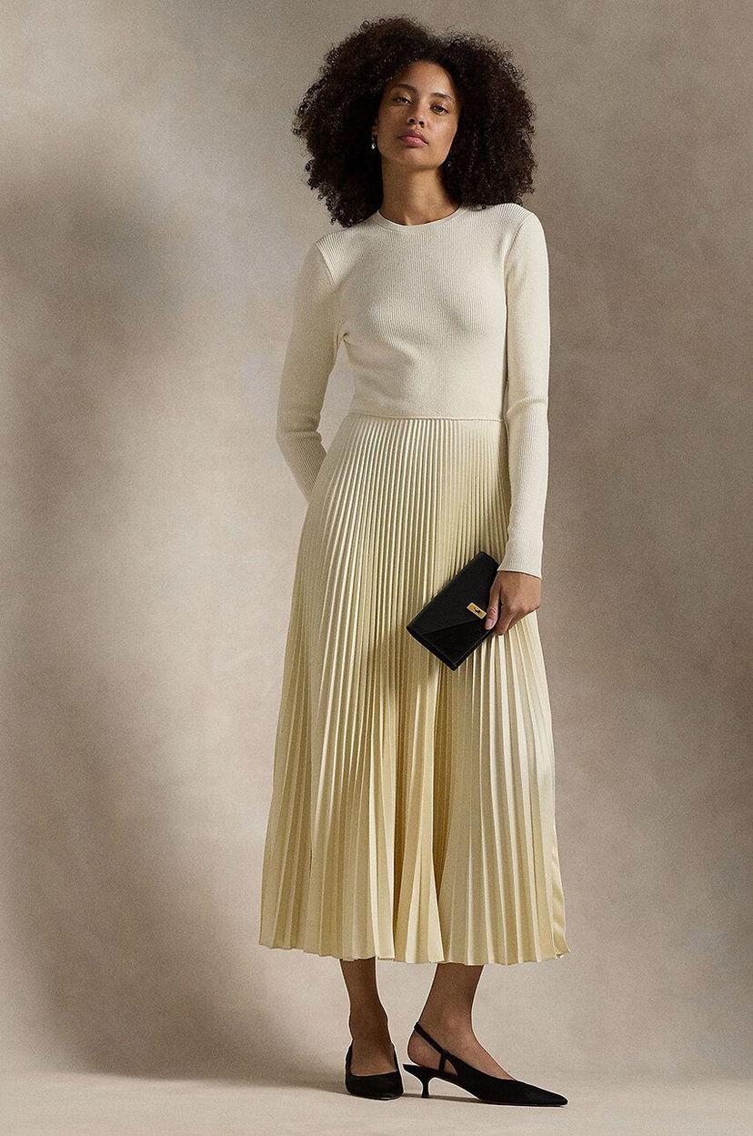 Obleke Polo by Ralph Lauren Pleated Midi Dress Bež | 211948693