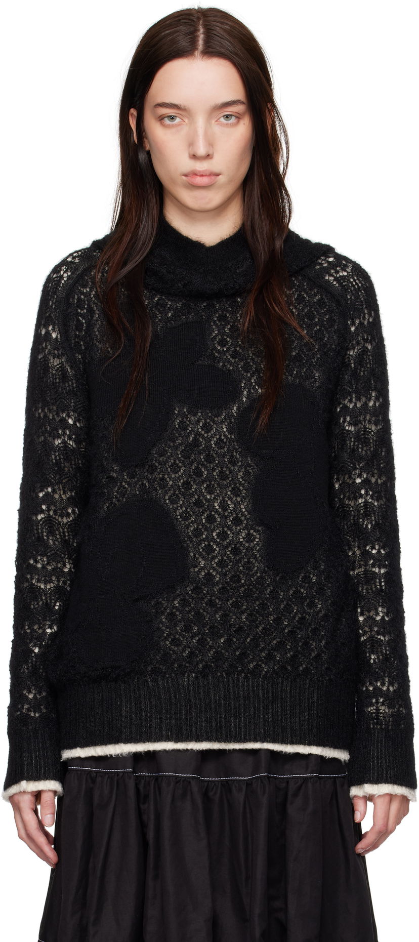 Pleteni pulover Comme des Garçons Comme Des Garçons Wool Lace Pattern Intarsia Hoodie Črna | TN-N024-051