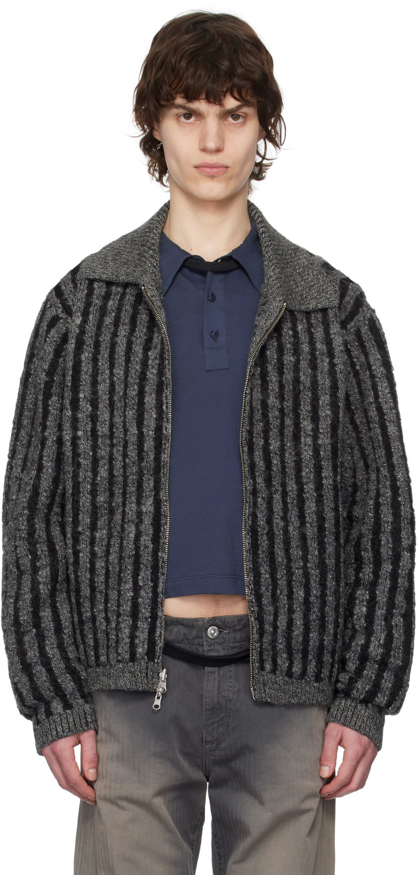 Pleteni pulover Eckhaus Latta Eckhaus Latta Duo Reversible Striped Jacket Siva | 8056-EL-PS25-C - CONCRETE