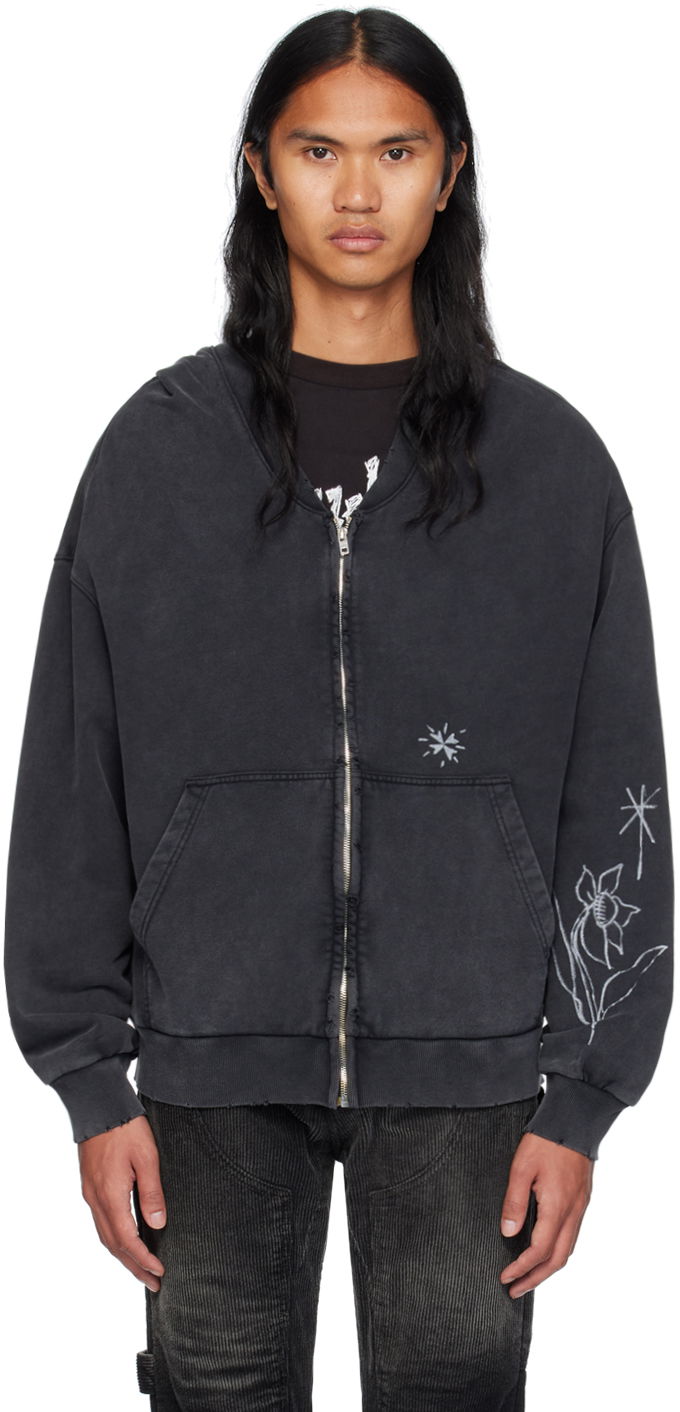 Pulover We11done We11done Wide Neck Graphic Zip Hoodie Črna | WD-TJ2-24-845-U-BK