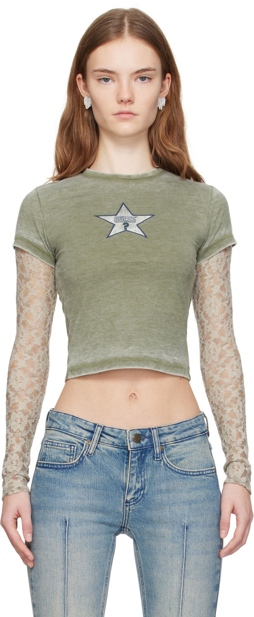 Krop-top GUESS GUESS Vintage Lace Crop T-Shirt Zelena | W4BP02KBB50