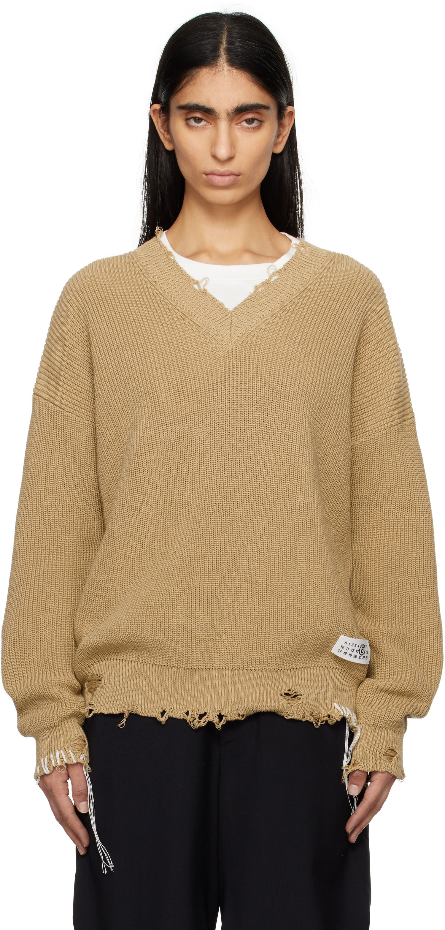 Pleteni pulover Maison Margiela MM6 Maison Margiela Eaten Knit V-Neck Sweater Bež | SH0HN0001 M13089, 0