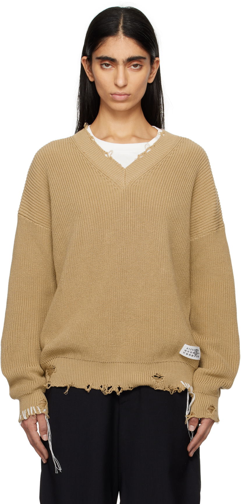 Pleteni pulover Maison Margiela MM6 Maison Margiela Eaten Knit V-Neck Sweater Bež | SH0HN0001 M13089