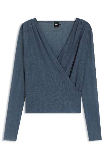 Majice in brezrokavniki BOSS Wrap-front Plissé Tulle Top Modra | 50543183