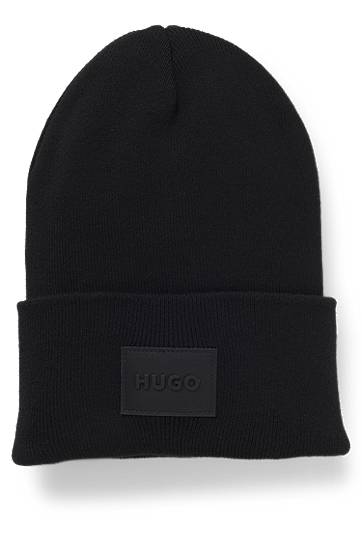 Beanie BOSS Knitted beanie hat in cotton with logo badge Črna | 50551508, 0