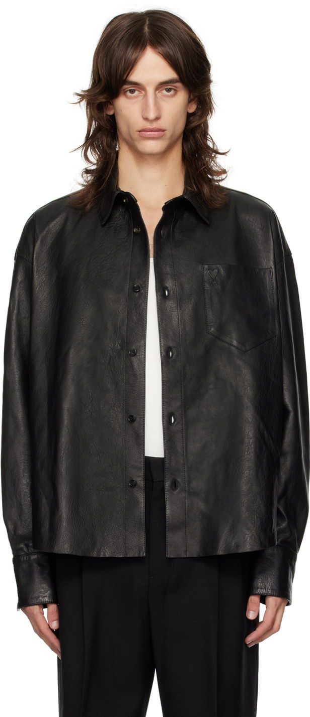 Jakna AMI Paris Black Boxy Fit Leather Jacket Črna | UJK246.LH0044