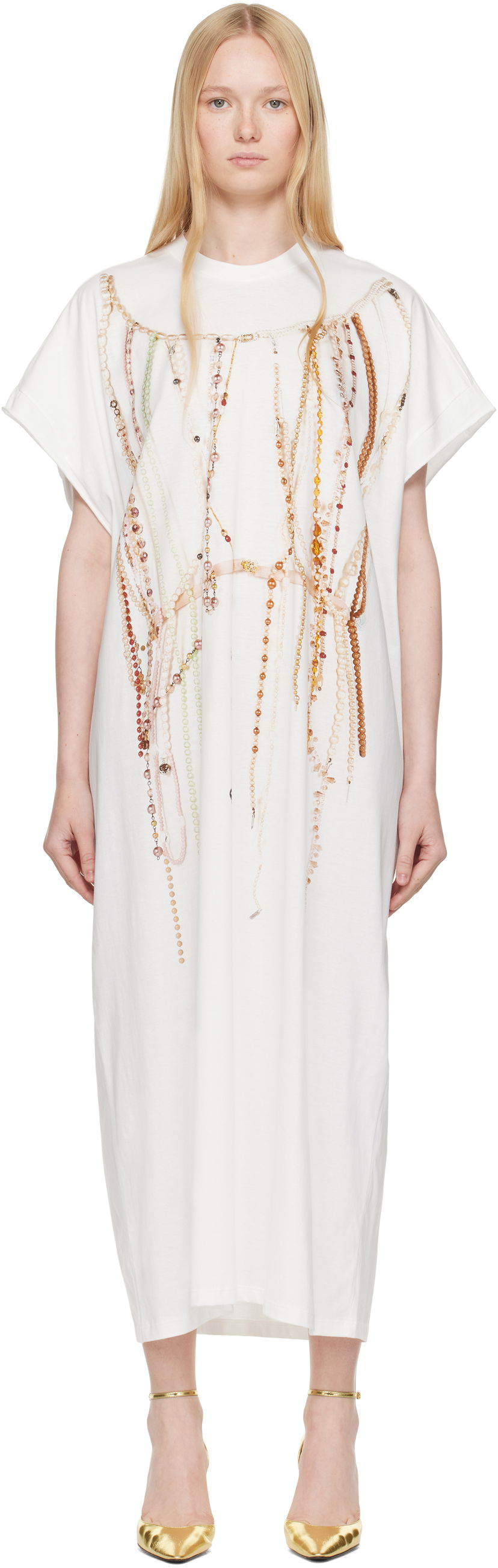 Obleke Maison Margiela MM6 Maison Margiela Jersey Midi Dress with Beaded Graphic Bela | S62DG0049 M20118