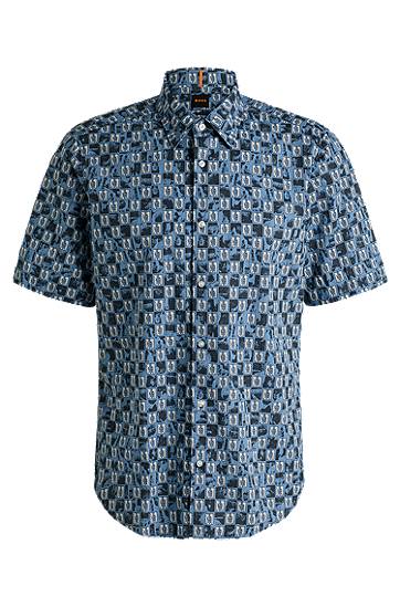 Srajce BOSS Regular Fit Printed Cotton Poplin Shirt Modra | 50537372