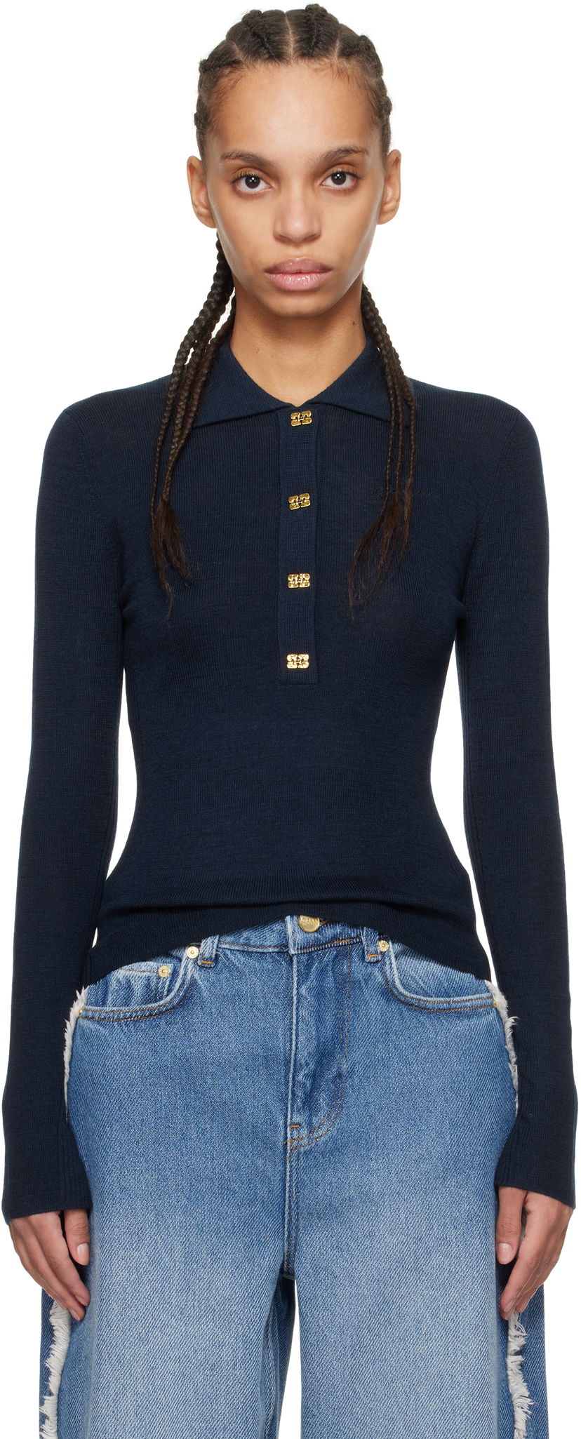Pleteni pulover GANNI Ganni Merino Ribbed Long Sleeve Polo Mornarica | K2351