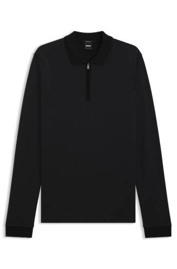 Polo majica BOSS Mercerised-cotton long-sleeve quarter-zip polo shirt with two-tone structure Črna | 50549583