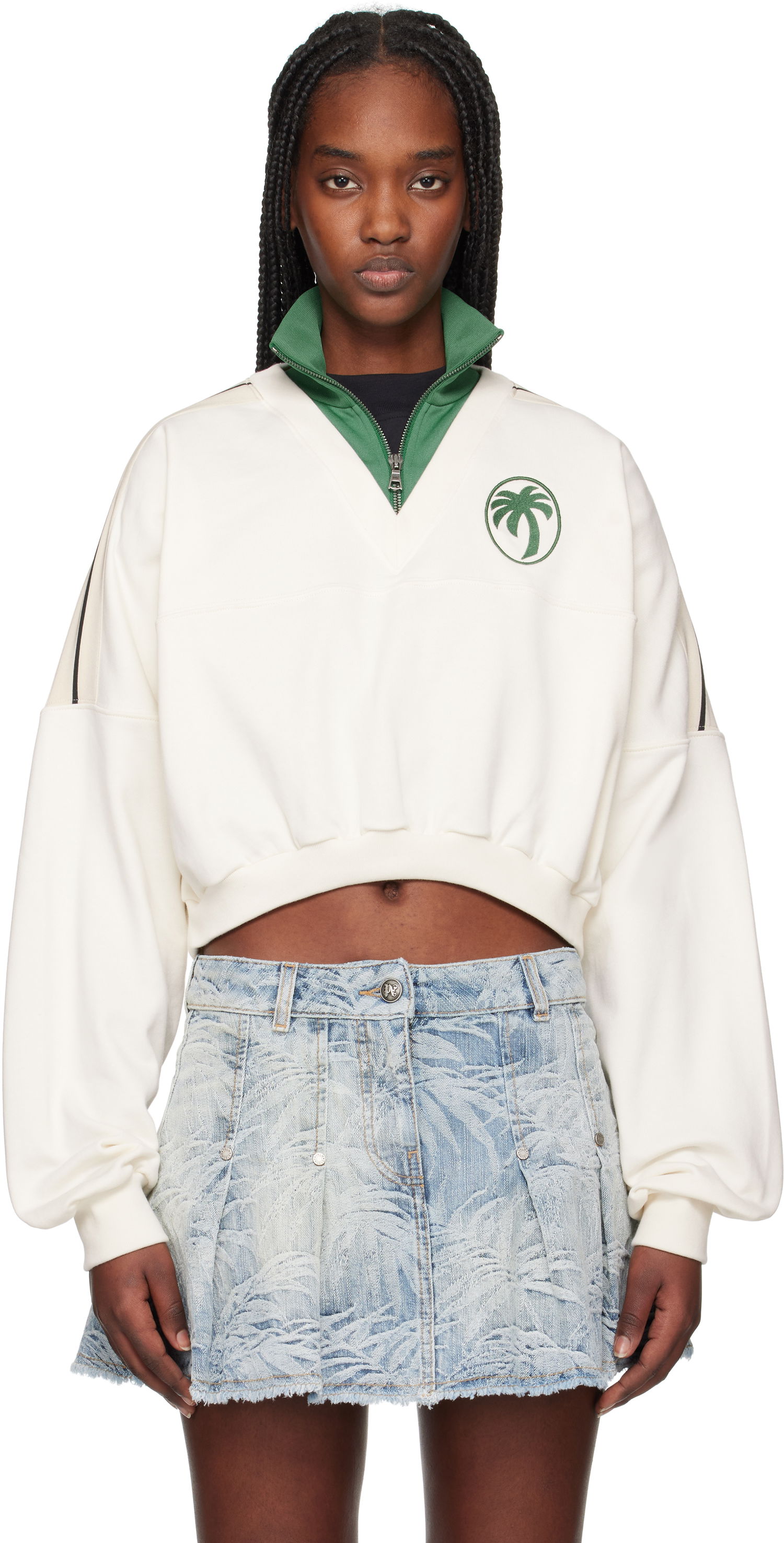 Pleteni pulover Palm Angels Palm Angels Oval Palm Cropped Sweatshirt Bela | PWBA055S25FLE0010357, 0