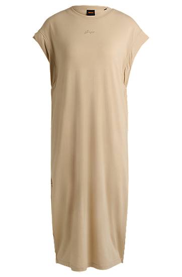 Obleke BOSS Cotton Blend Dress with Handwritten Logo Bež | 50540442