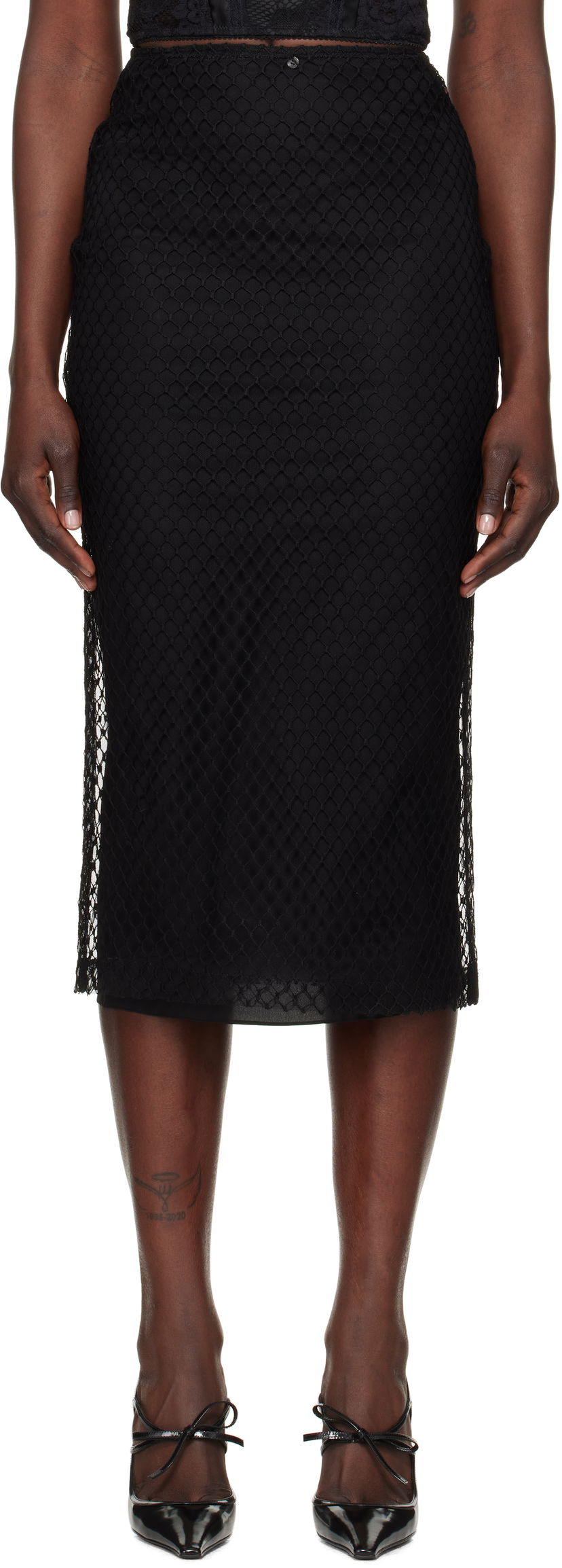 Krila Dolce & Gabbana Mesh Pencil Midi Skirt Črna | F4C0CT HLM83
