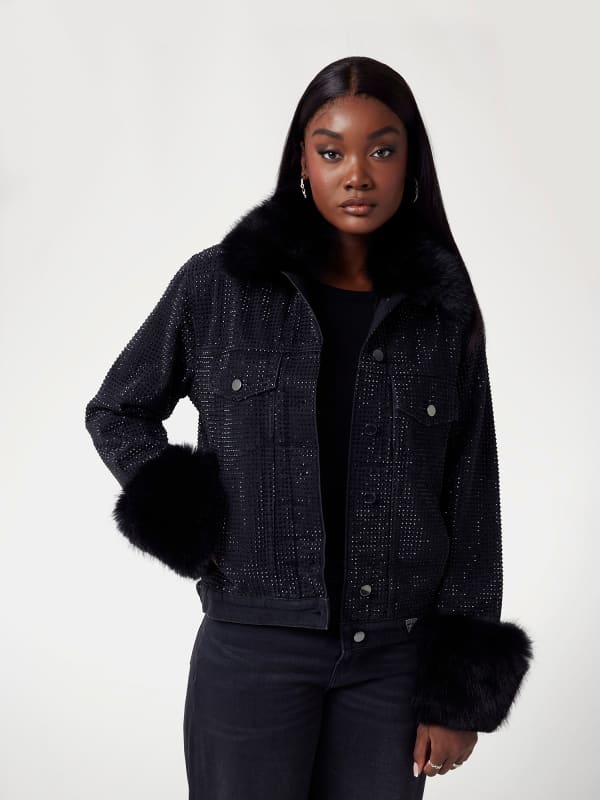 Jakna GUESS Faux Fur Trim Rhinestone Denim Jacket Črna | W4BN48D5HM1