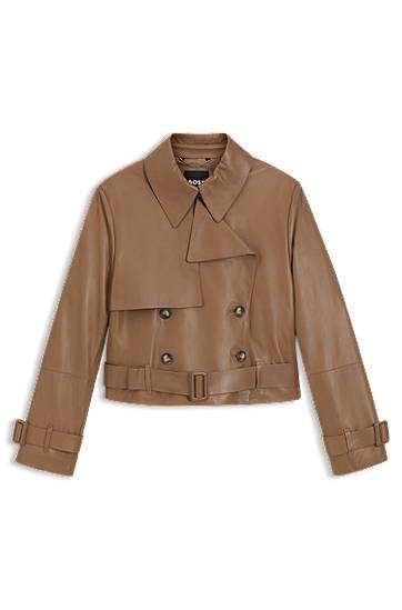 Jakna BOSS Leather Trench Jacket with Tie Belt Rjava | 50541289