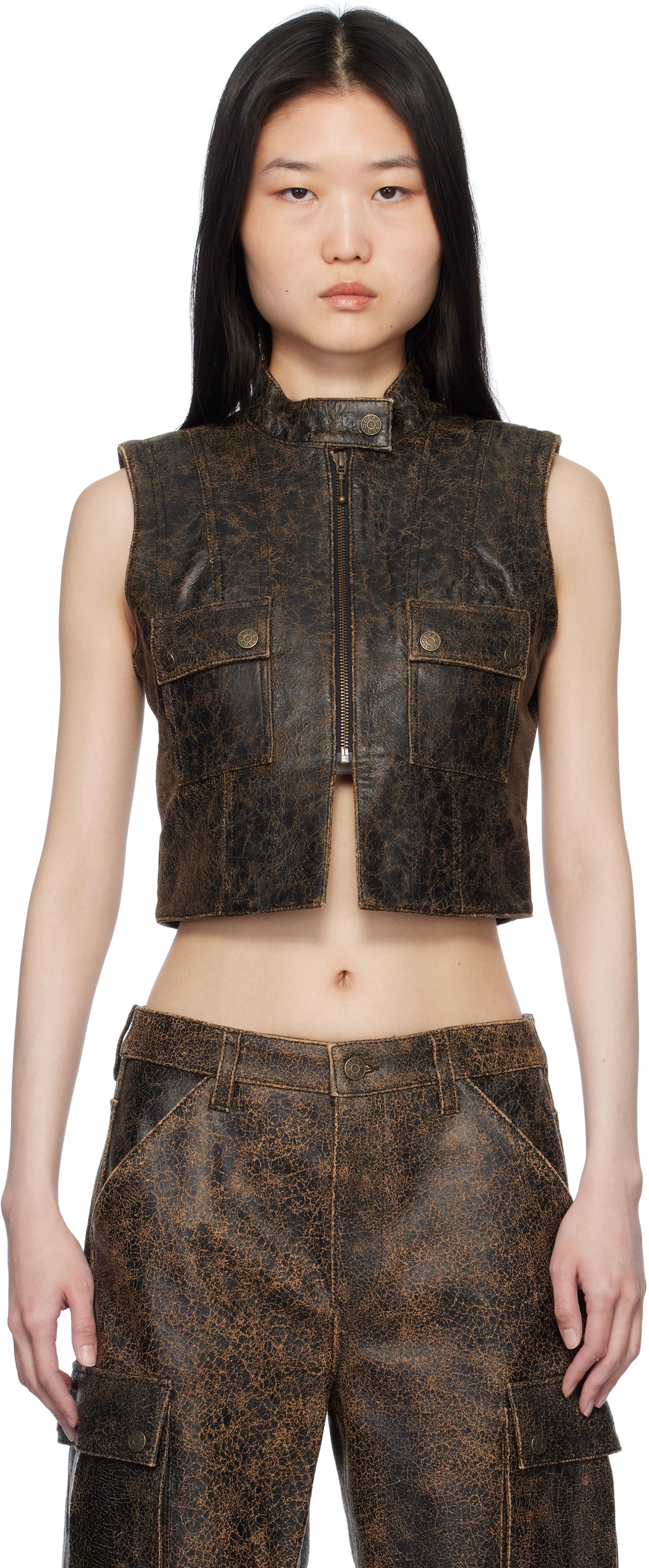 Telovnik GUESS GUESS Crackled Leather Vest Rjava | W4BH16L0R10, 0