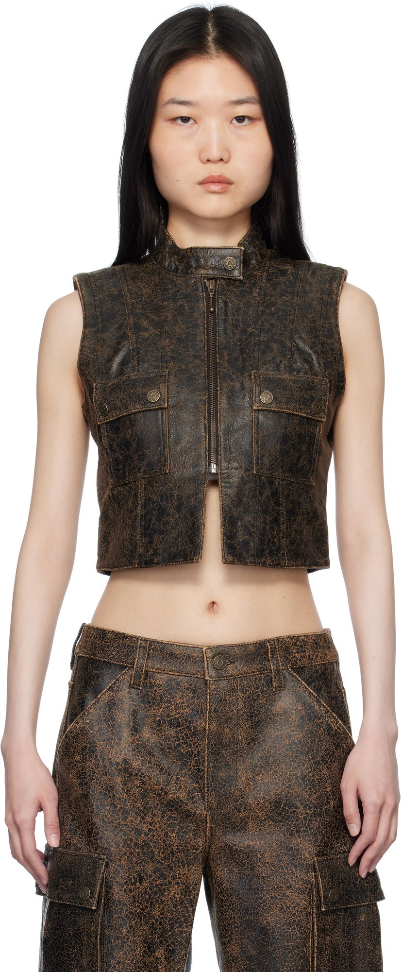 Telovnik GUESS GUESS Crackled Leather Vest Rjava | W4BH16L0R10