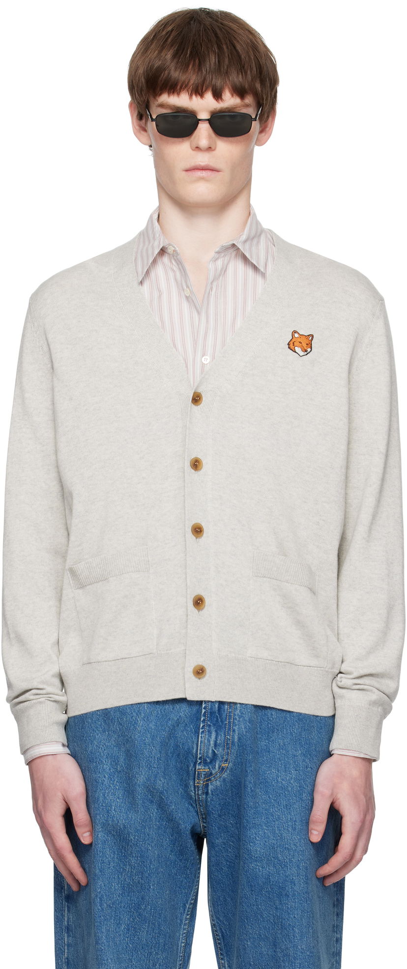 Pleteni pulover MAISON KITSUNÉ Maison Kitsuné Fox Head Patch Cardigan Siva | PM00501KT1181