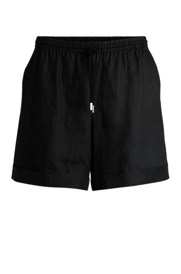 Kratke hlače BOSS Ramie Relaxed-Fit Shorts with Drawstring Črna | 50537924
