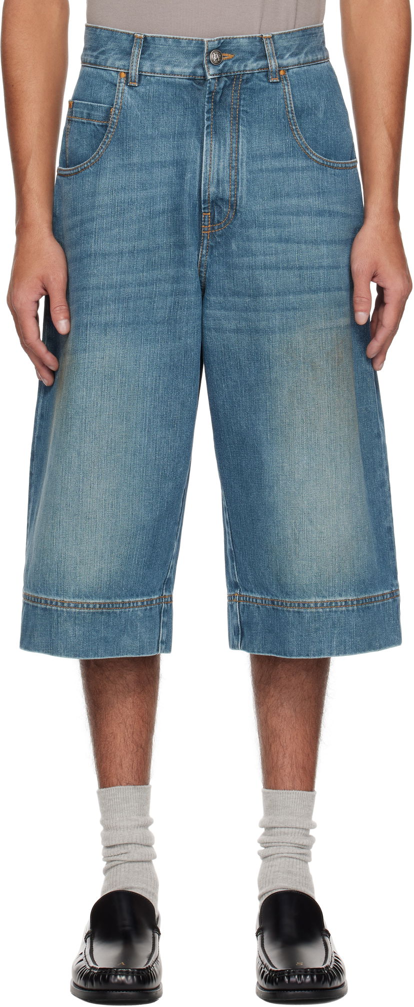 Kratke hlače Palm Angels Palm Angels Curved Logo Denim Shorts Modra | PMYC007S25DEN0014555