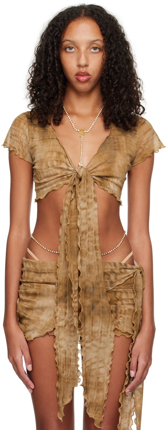 Krop-top Blumarine Printed Tie-Front Crop Top Rjava | P322C211A