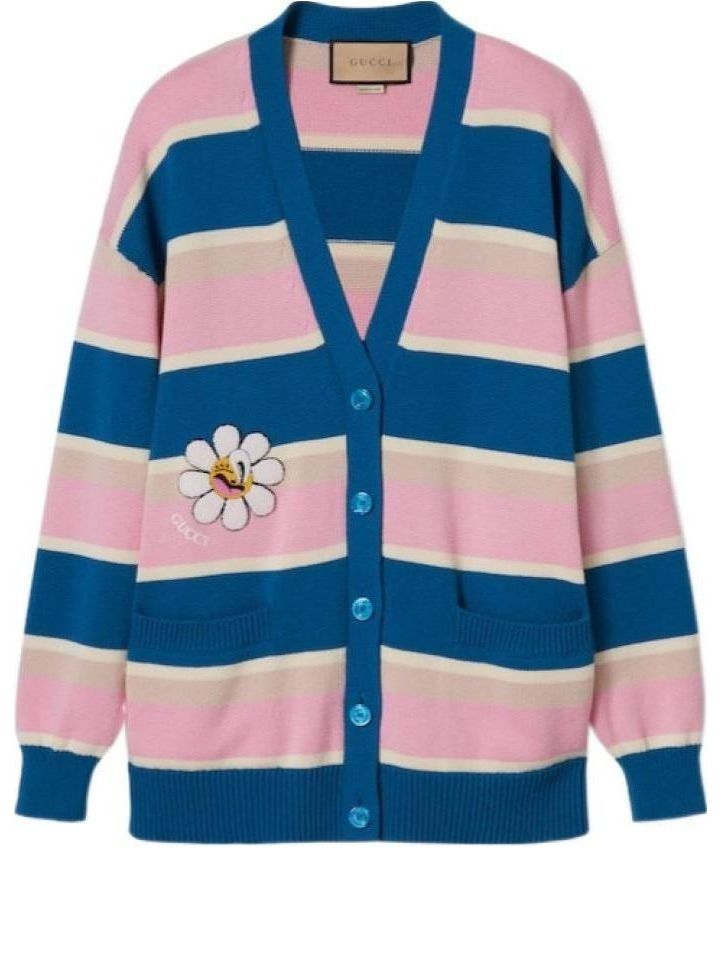 Pleteni pulover Gucci Gucci Striped Cotton Wool Cardigan with Daisy Patch Večbarvna | 782216-XKDZ1-4915