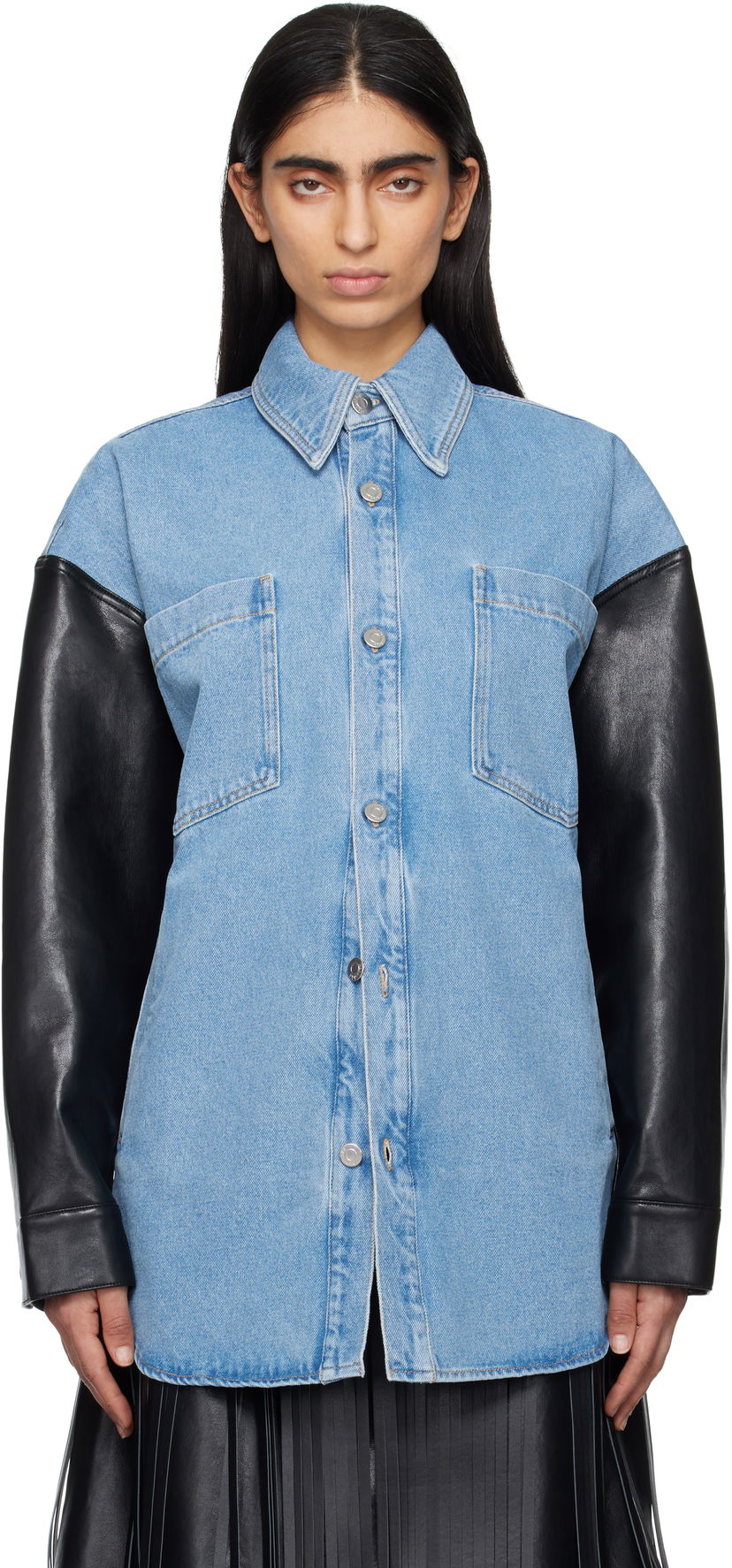Srajce Nanushka Nanushka Zinnie Denim Shirt with Faux Leather Sleeves Modra | NU25RSTP09753
