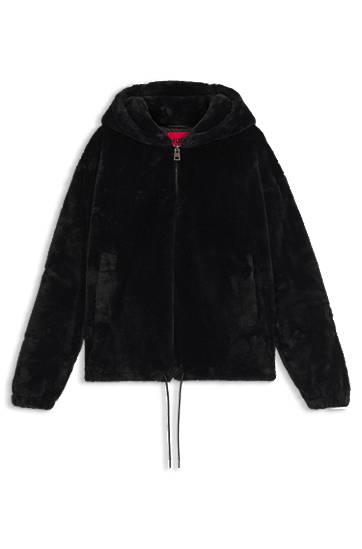 Jakna BOSS Faux-fur hooded jacket with embroidered logo Črna | 50546237