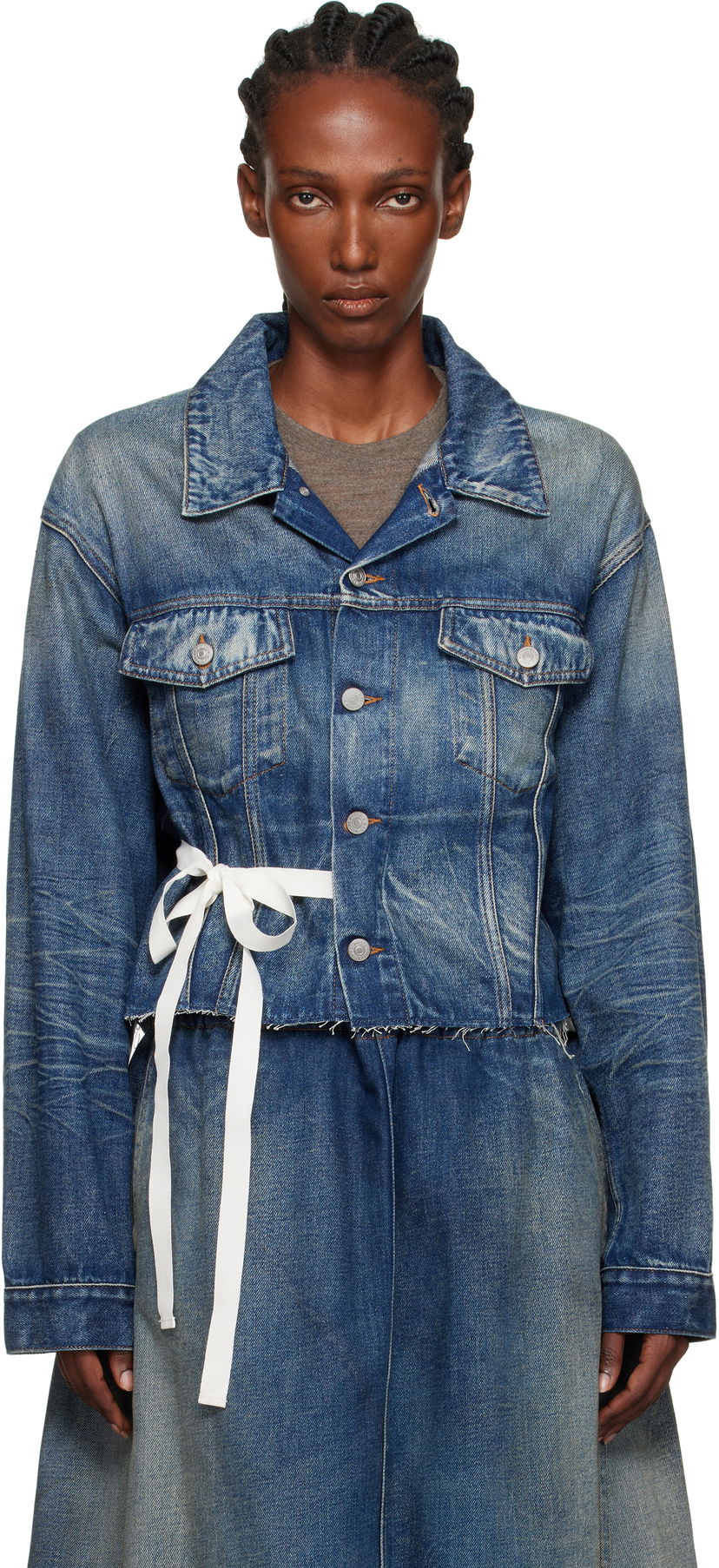 Jakna Maison Margiela MM6 Maison Margiela Cropped Denim Jacket with Tie Modra | S52AM0340 M30017