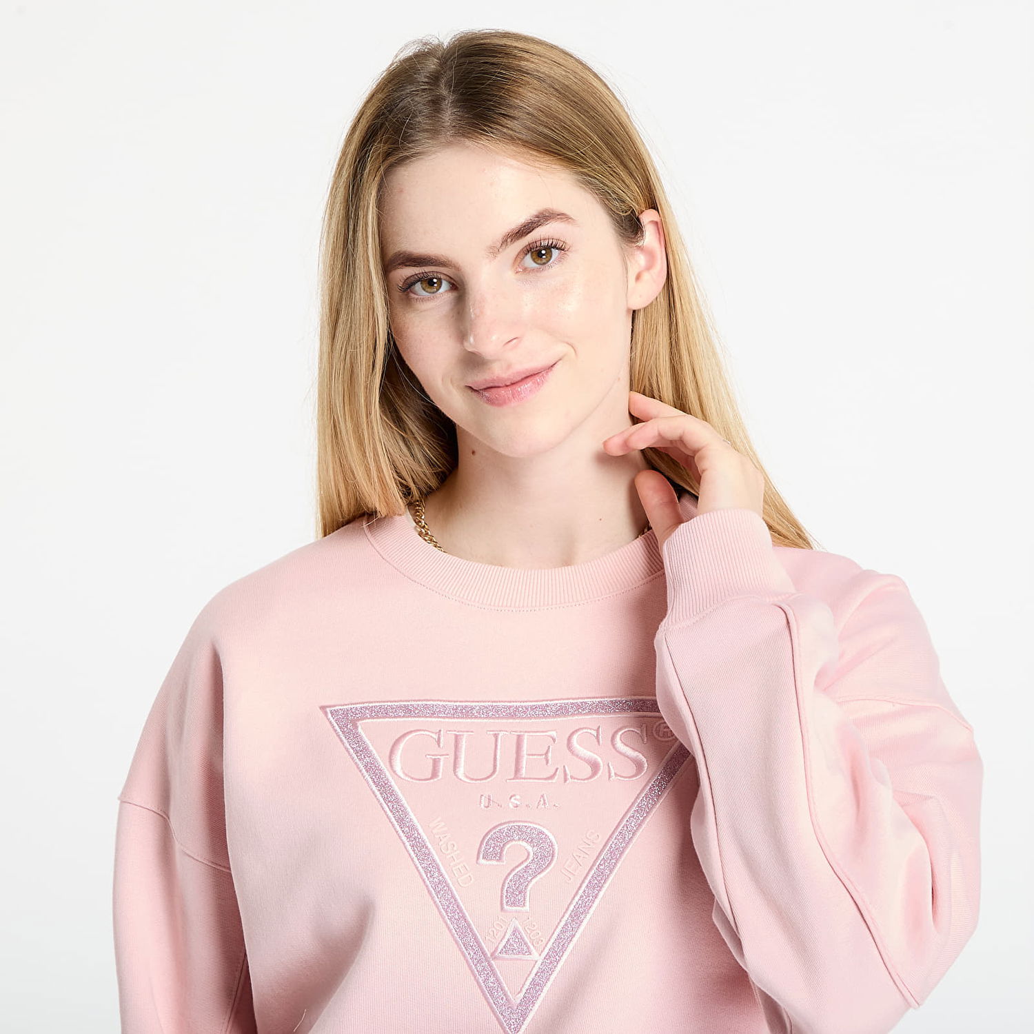 Pulover GUESS GUESS Triangle Glitter Sweatshirt Roza | W5BQ11KC8I1-G66B, 1