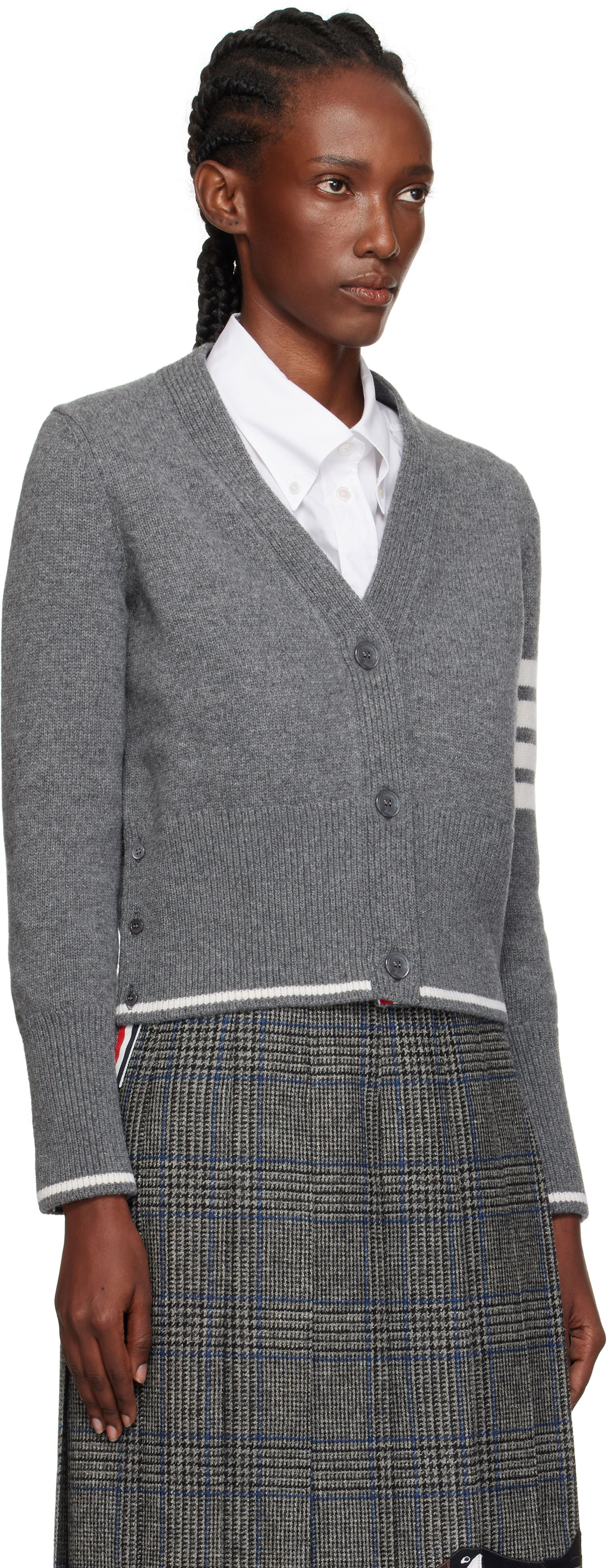 Pleteni pulover Thom Browne Thom Browne Intarsia Geese 4-Bar V-Neck Cardigan Siva | FKC657A-Y1029, 1