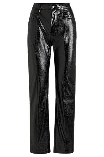 Hlače BOSS Straight-Fit Patent Faux Leather Trousers Črna | 50524951