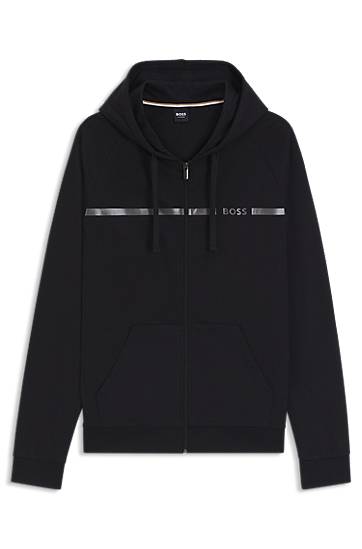 Pulover BOSS Cotton-terry Full-Zip Hoodie with Logo Stripe Črna | 50550571