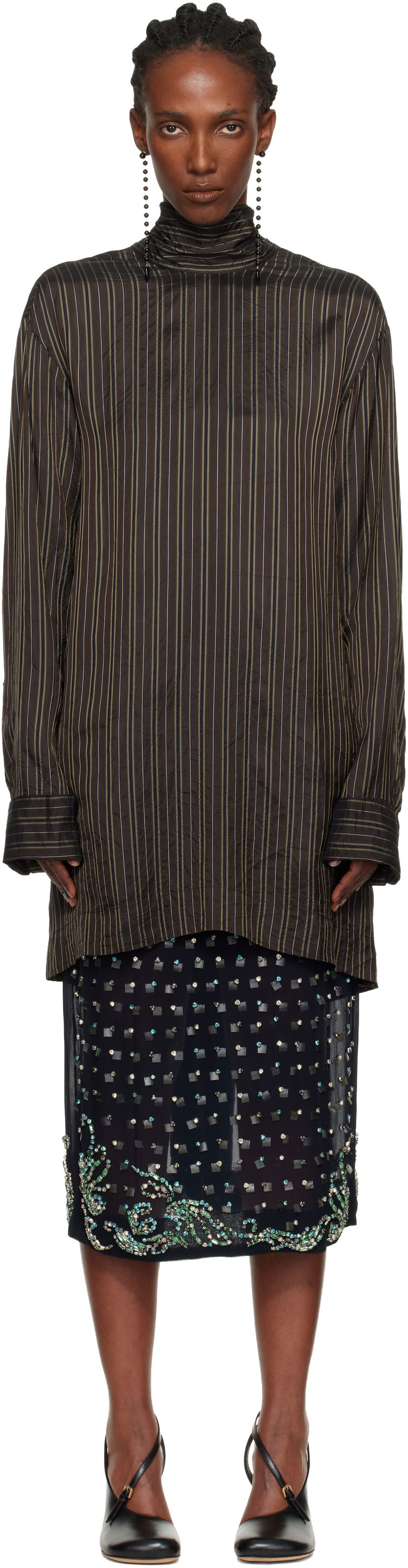 Srajce Dries Van Noten Dries Van Noten Striped Long-Sleeve High-Neck Blouse Rjava | 252-010779-2267