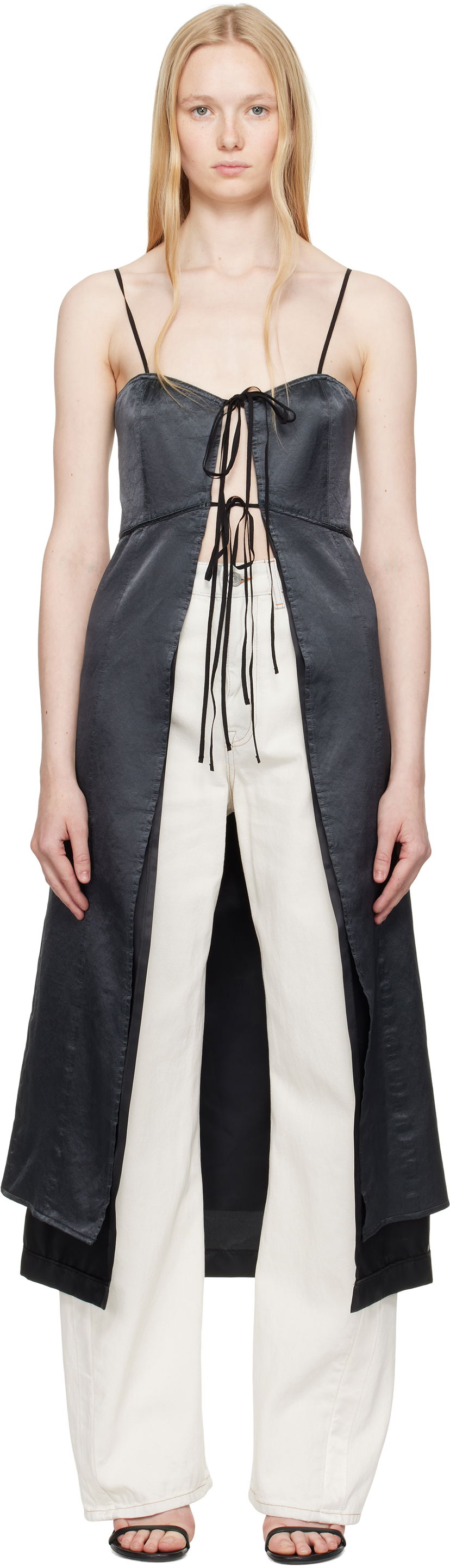 Obleke Maison Margiela MM6 Maison Margiela Washed Viscose Satin Tie-Front Dress Top Črna | S62DD0041 M35452
