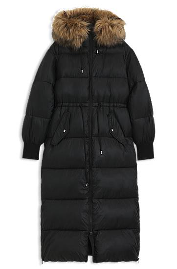 Puhovka BOSS Long Water-Repellent Puffer Parka with Detachable Faux Fur Hood Trim and Sleeves Črna | 50547222