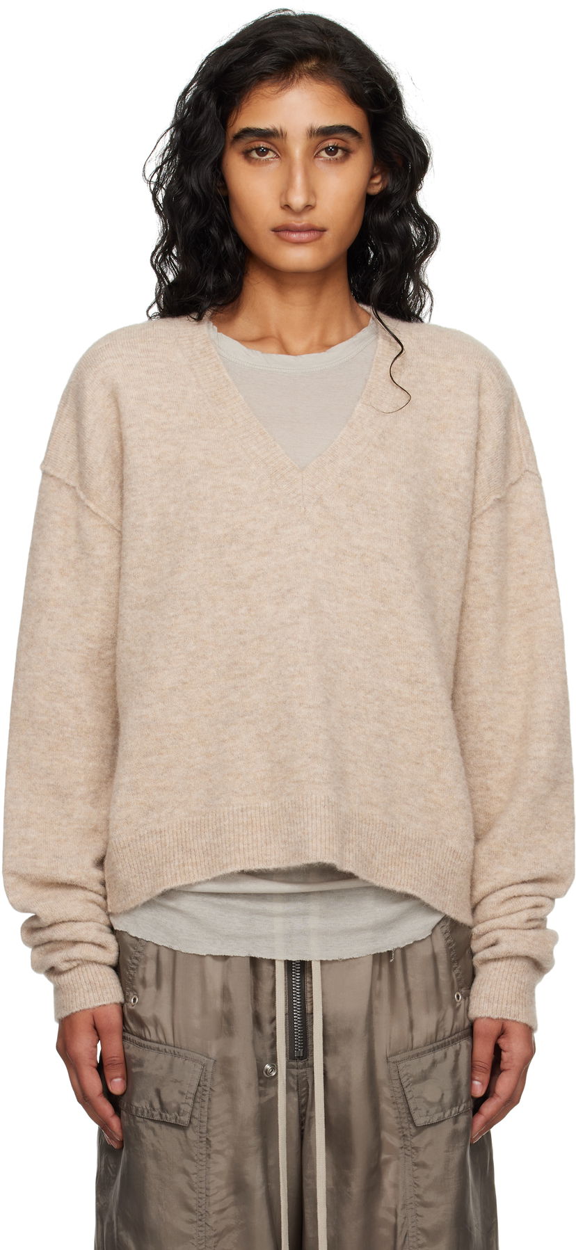 Pleteni pulover Rick Owens Rick Owens Tommy V-Neck Sweater Bež | RP02E4650 KWP