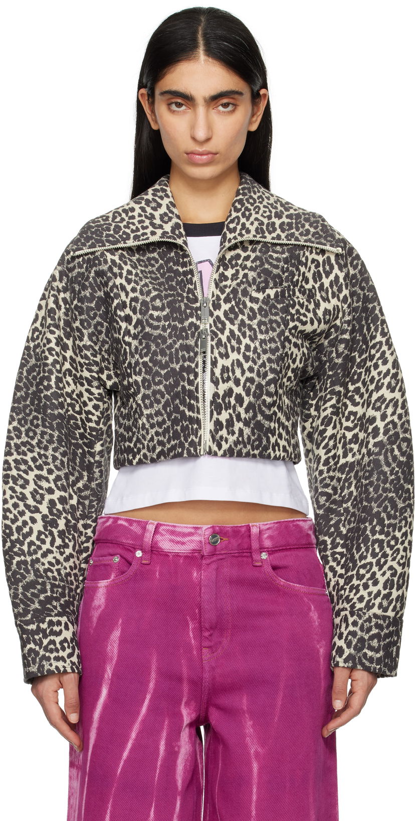 Bomber jakna GANNI Ganni Leopard Print Curve Sleeve Cropped Jacket Bež | W0235