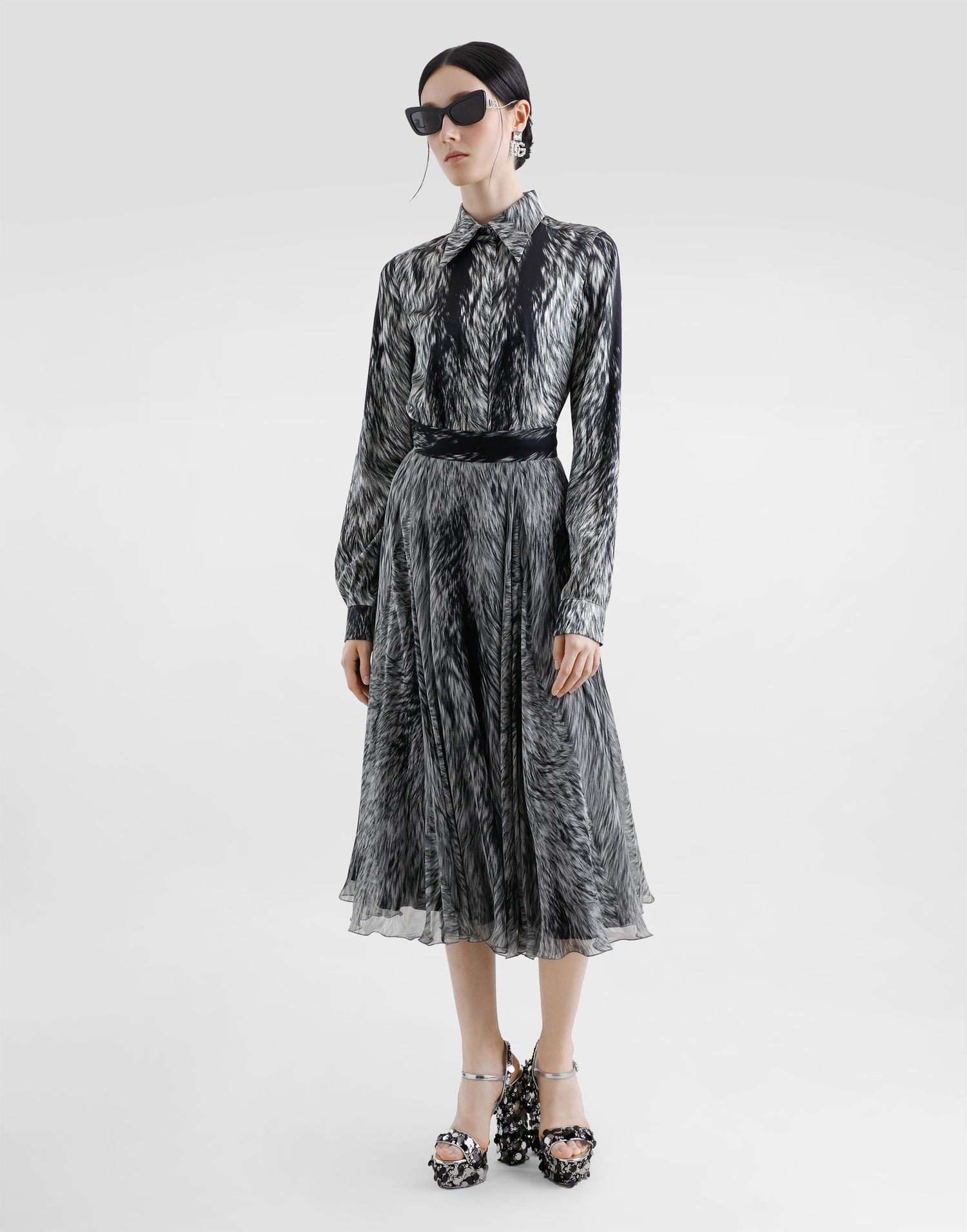 Krila Dolce & Gabbana Chiffon Calf-Length Circle Skirt with Fur Print Črna | F4C2VTIS1X3HI3VQ, 1