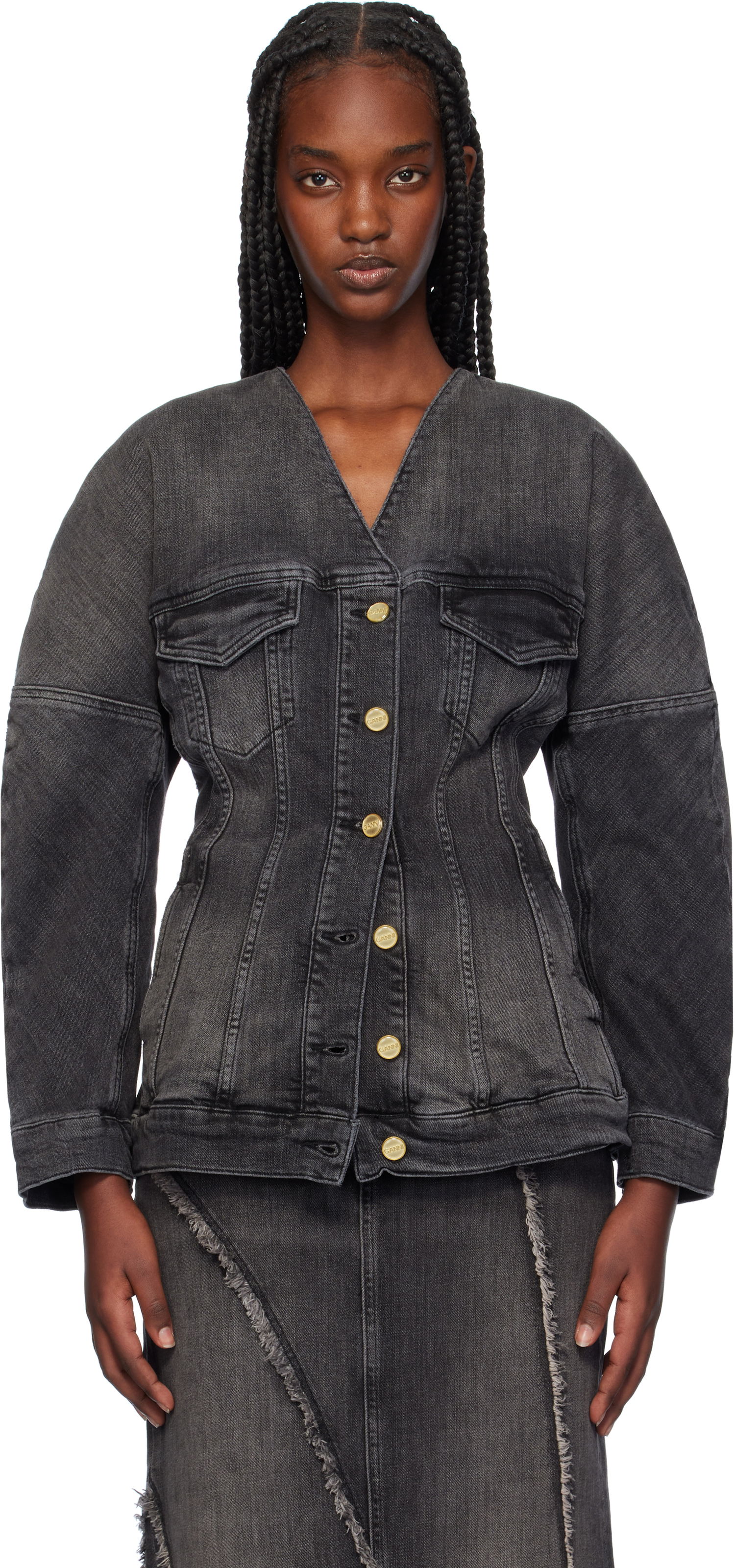 Jakna GANNI Fitted Denim Button Up Jacket Črna | J1529, 0